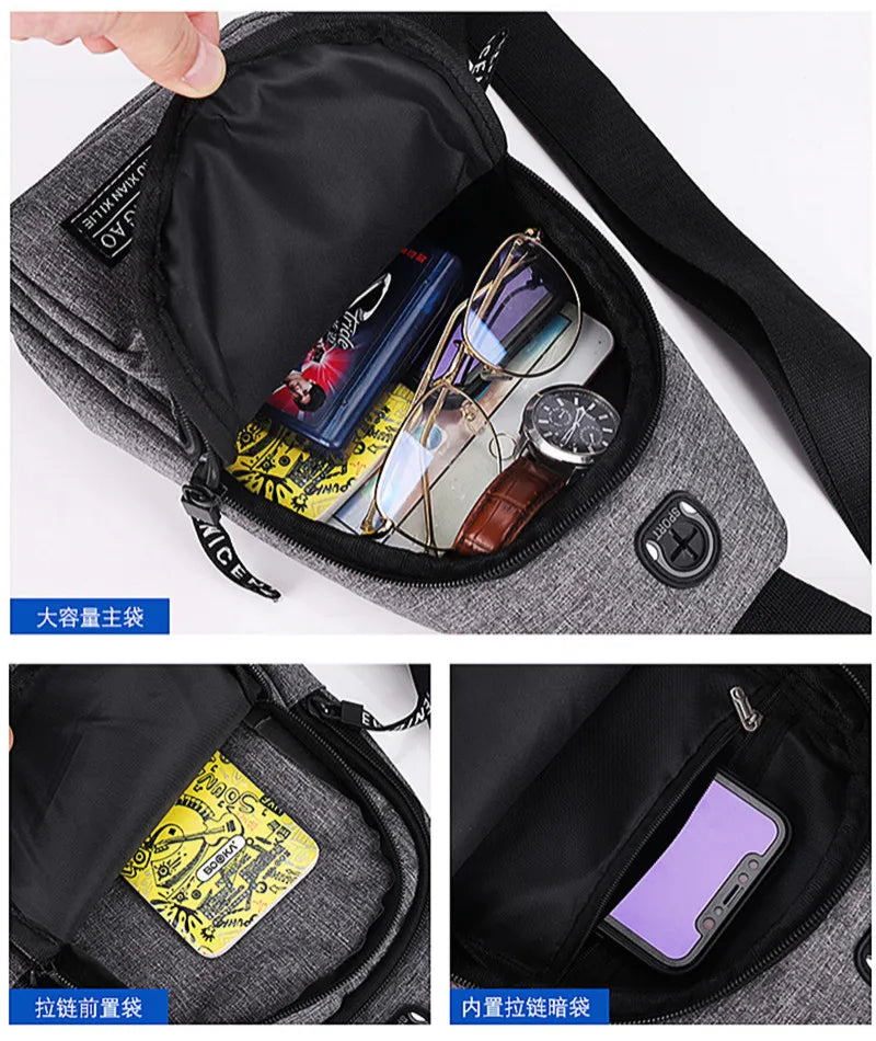Men's Solid Color Chest Bag - Outdoor Casual Fashion Canvas Messenger Satchel with Zipper