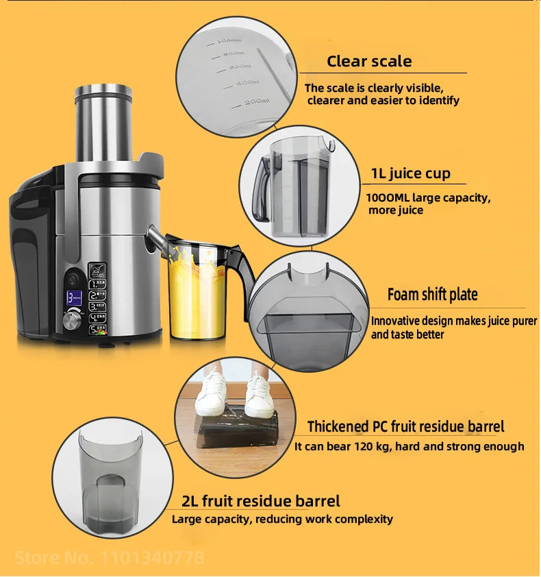1200W Commercial Electric Juicer Powerful Large-caliber Juicer LCD Display 220V Full-automatic Fresh Fruit Large Original Juicer