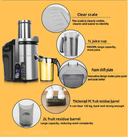 1200W Commercial Electric Juicer Powerful Large-caliber Juicer LCD Display 220V Full-automatic Fresh Fruit Large Original Juicer