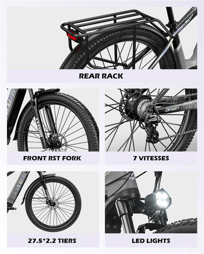 Electric Bicycle 48V 14AH Lithium Battery Electric Mountain Bike 100km Range 27.5" Spoke Wheel 7 Speed Adults Mountain E-bike