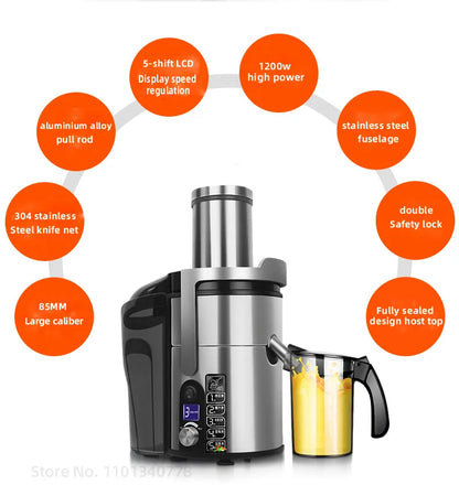 1200W Commercial Electric Juicer Powerful Large-caliber Juicer LCD Display 220V Full-automatic Fresh Fruit Large Original Juicer