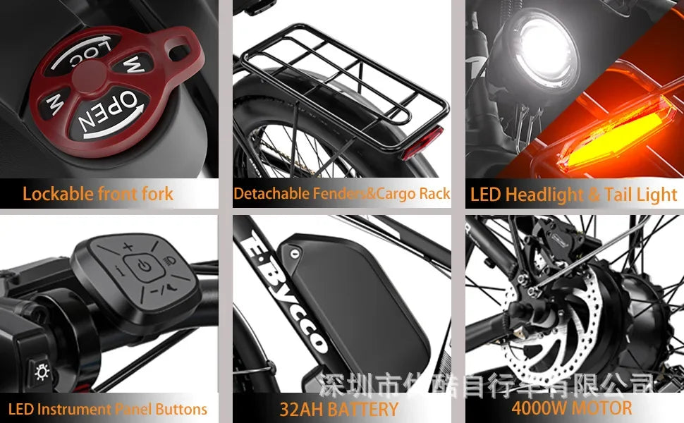 E-Bike 4000W Motor 52V32AH All-terrain Fully Suspended Off-road Motorcycle Electric Bike 24*4.0-inch Fat Tire  Electric Bicycle